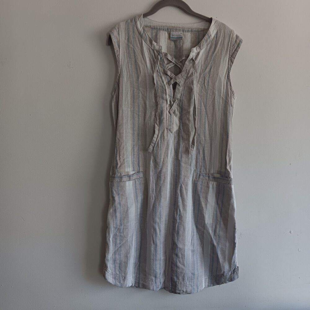 Columbia summer time dress flint grey vertical stripe hemp utility beach sz XS